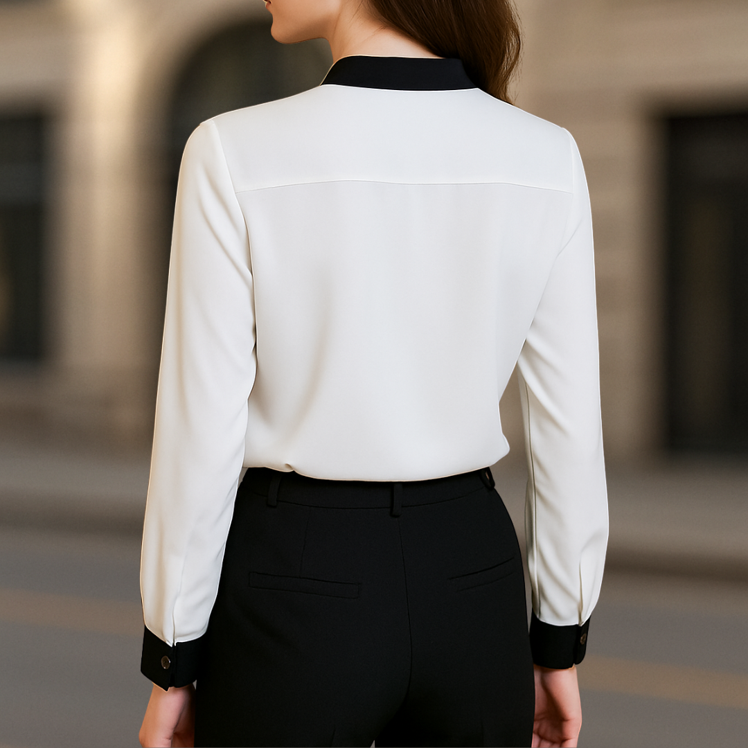 Alice Luxe Weiße V-Ausschnitt Bluse für Damen mit Schwarzem Besatz