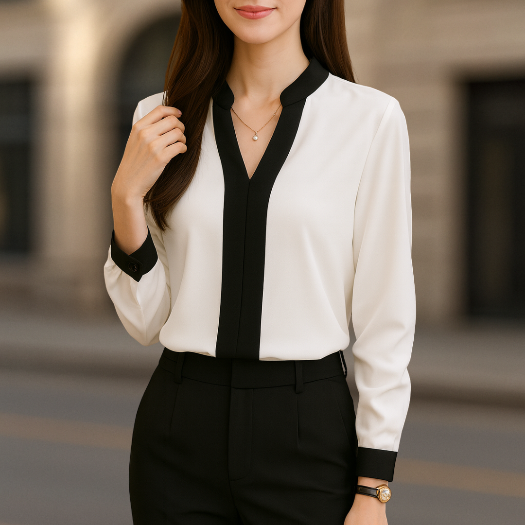 Alice Luxe Weiße V-Ausschnitt Bluse für Damen mit Schwarzem Besatz