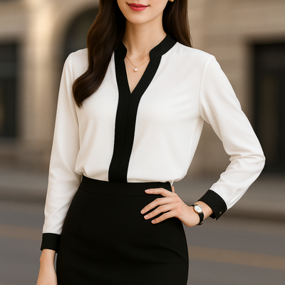 Alice Luxe Weiße V-Ausschnitt Bluse für Damen mit Schwarzem Besatz