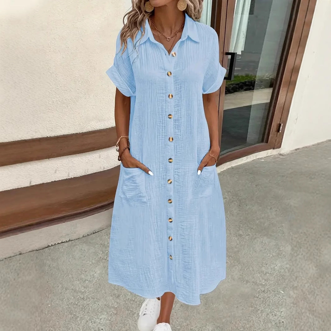 Damen Maxi Leinen Hemdkleid mit Taschen