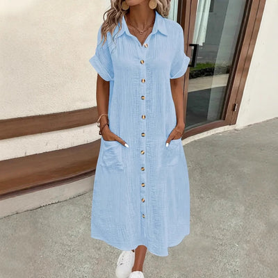 Damen Maxi Leinen Hemdkleid mit Taschen