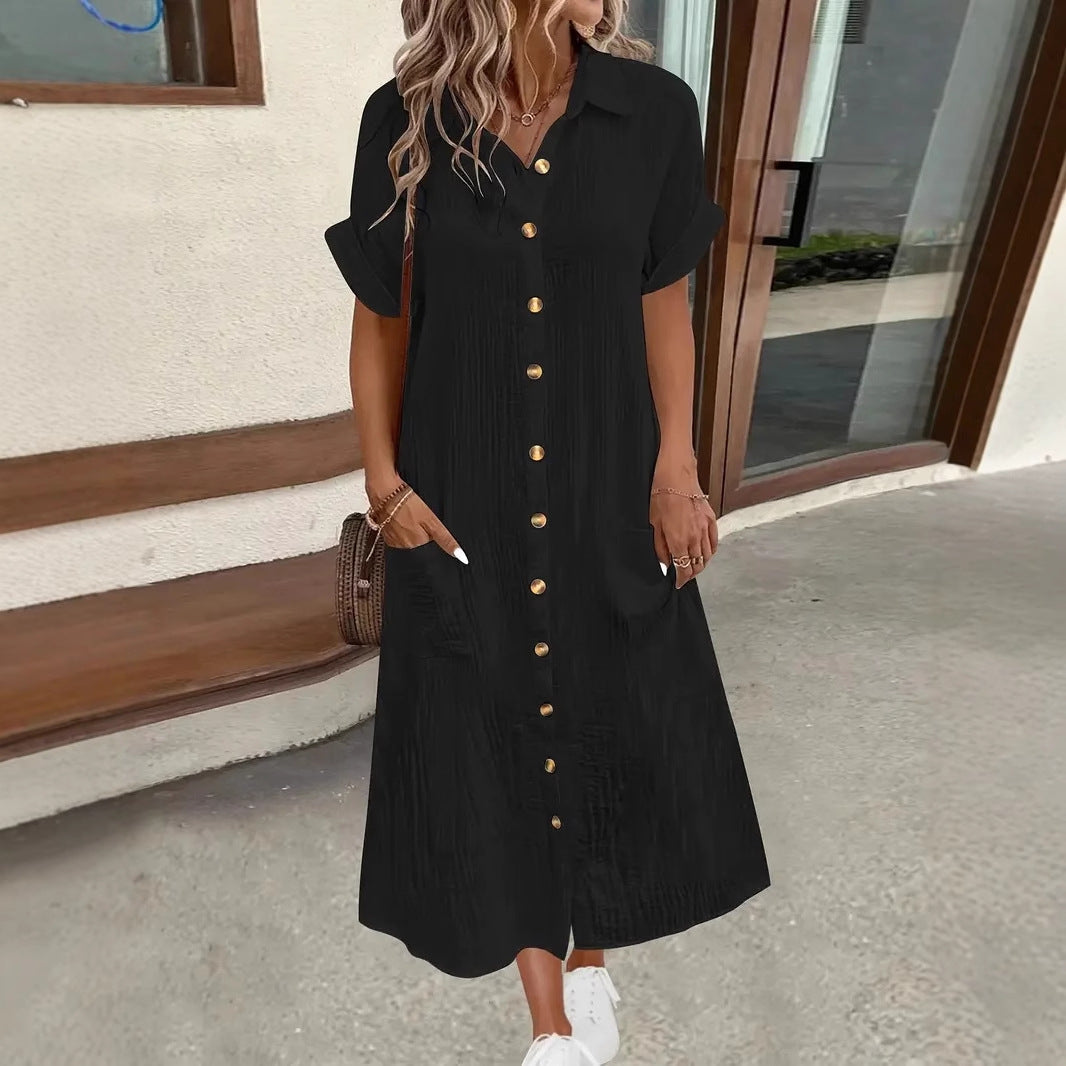 Damen Maxi Leinen Hemdkleid mit Taschen