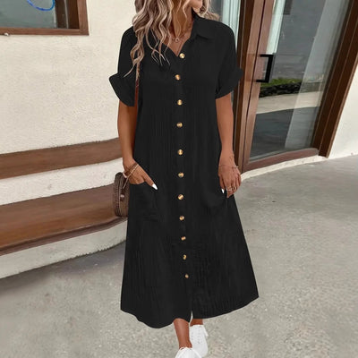 Damen Maxi Leinen Hemdkleid mit Taschen