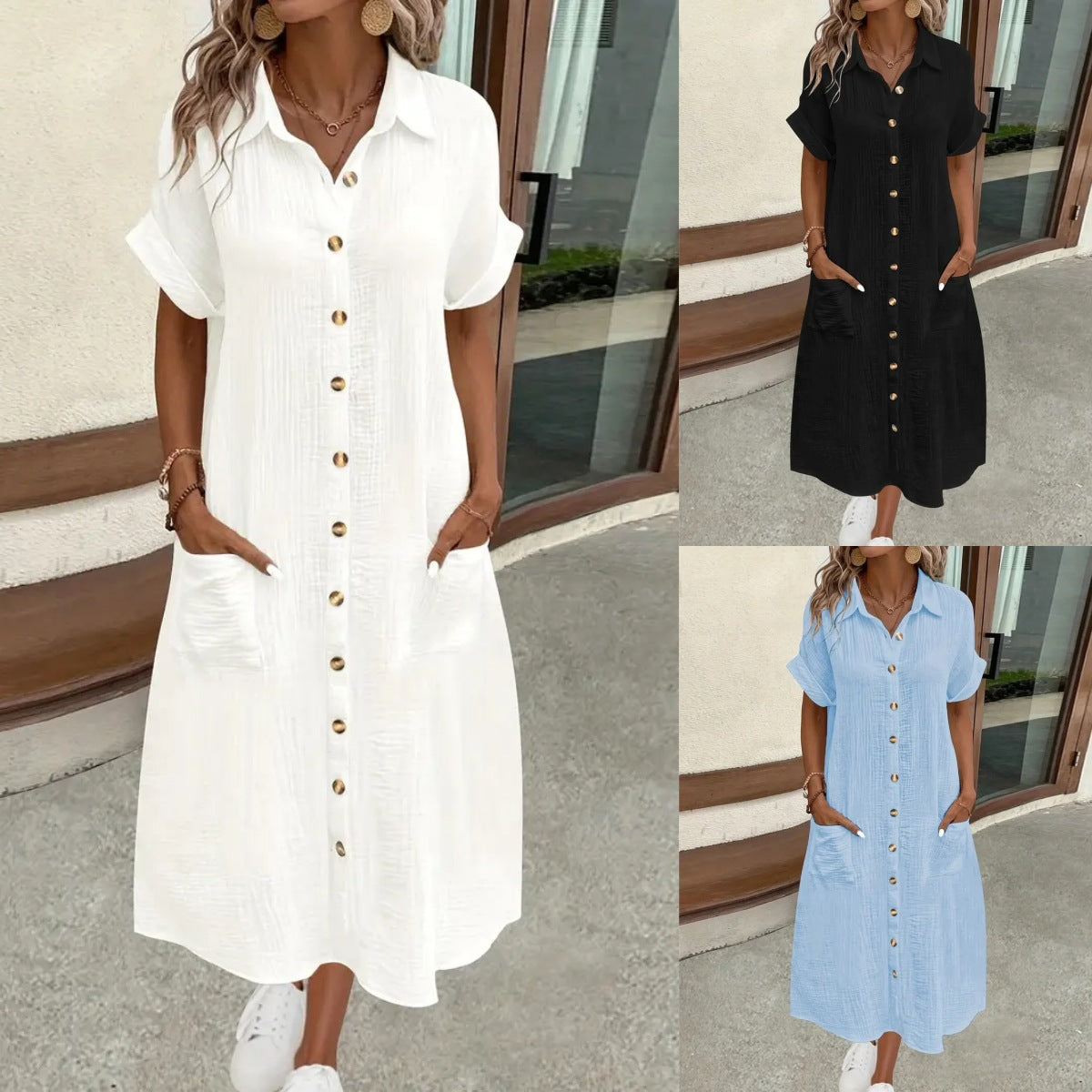 Damen Maxi Leinen Hemdkleid mit Taschen
