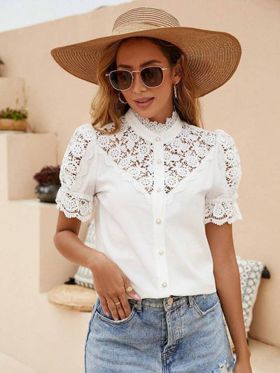 Charlotte Weiße Spitzen-Pearl-Knopf Bluse
