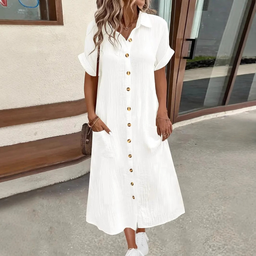 Damen Maxi Leinen Hemdkleid mit Taschen