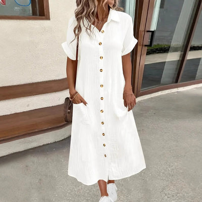 Damen Maxi Leinen Hemdkleid mit Taschen